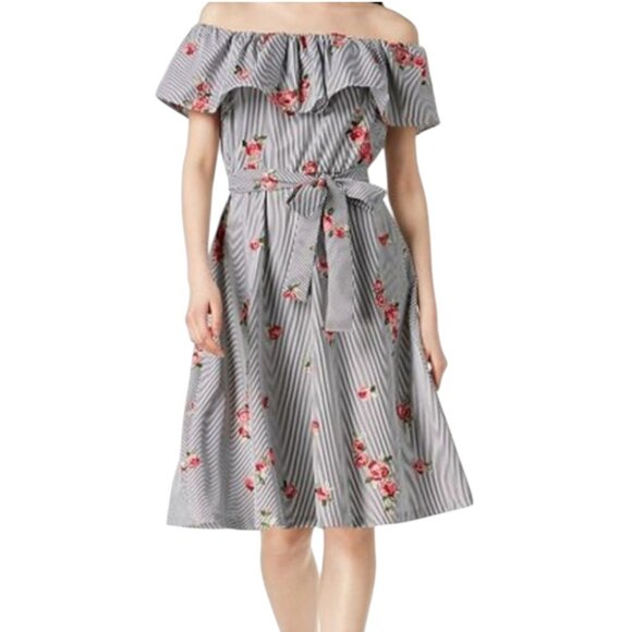 Calvin Klein Dresses & Skirts - Calvin Klein Stripe and Rose Off The Shoulder Dress with Tie Waist - 2